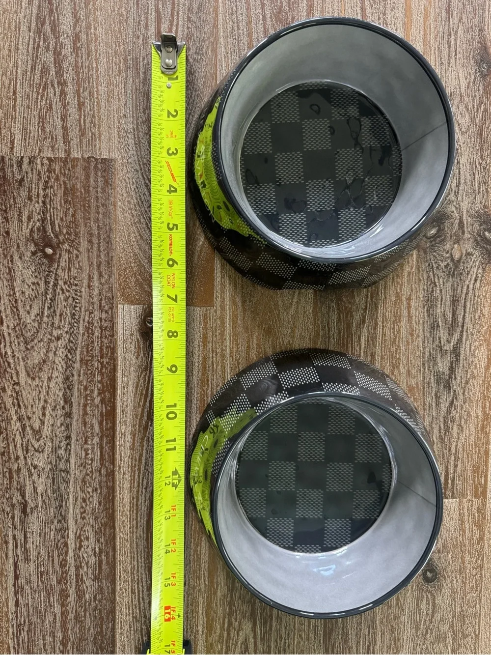 Dog bowls (2) chewy Vuiton Paris gray/black check new size medium